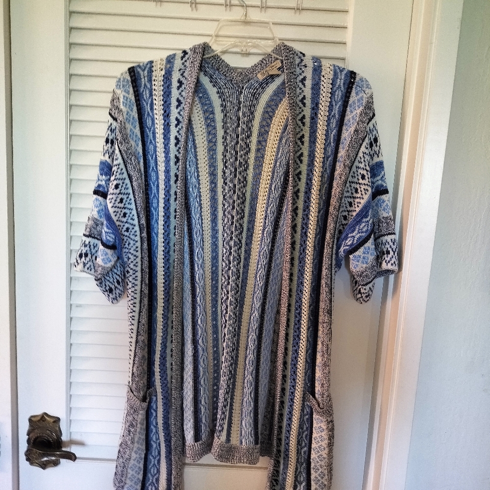 Lucky Brand Women's 100% Cotton Soft Knit Kimono Open Cardigan Medium Blue White